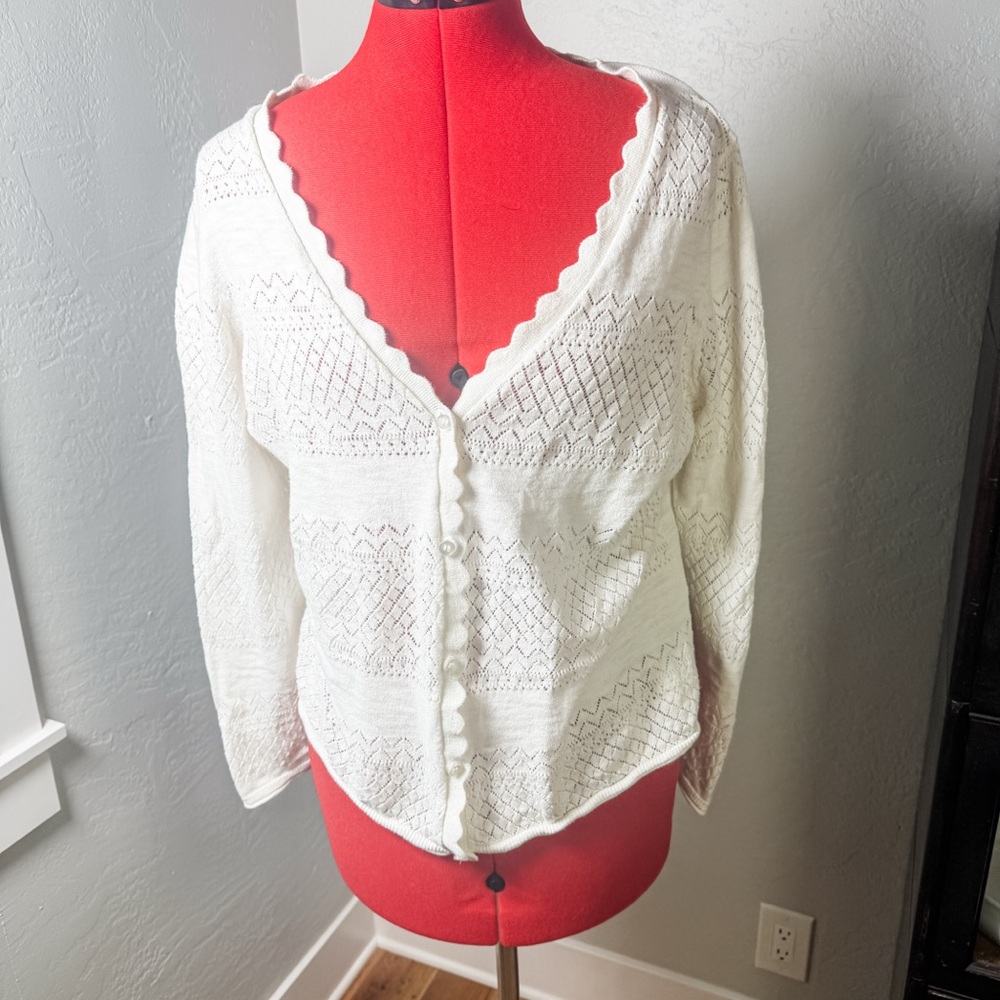 Frye White Pointelle Knit Scallop Trim Boho Cottagecore Cardigan Size XL